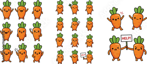 Cute Carrot Cartoon Characters Collection with Funny Emotions and Poses, Kawaii Vegetable Mascots Set for Healthy Food Design Vector Illustration