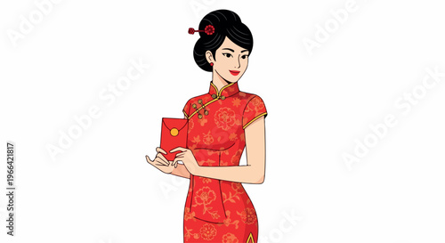 Illustration of a woman in a traditional red cheongsam dress holding a red envelope against a white background.