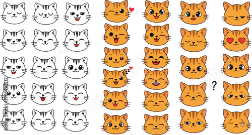 Cute Cat Emoji Faces Collection with Different Expressions and Emotions, Kawaii Kitten Icons Set for Chat and Social Media Vector Illustration