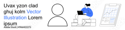 Business, data visualization, remote work, digital trends, productivity, analytics. Minimalist person icon, professional figure on steps with laptop and clipboard with graph. Business and data