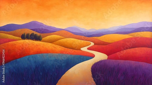 Colorful Winding Path Through Vibrant Hilly Landscape at Sunset