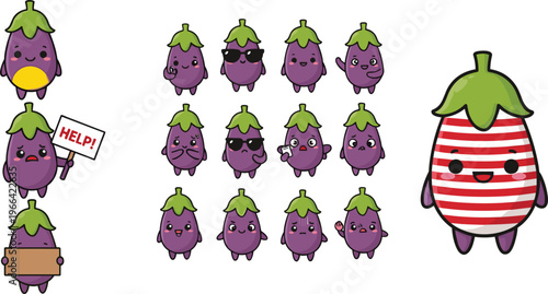 Cute eggplant characters set with kawaii faces and funny emotions cartoon illustration