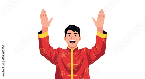 Illustration of a cheerful Asian man wearing a traditional red shirt with yellow accents, raising both hands in a celebratory gesture against a clean white background.