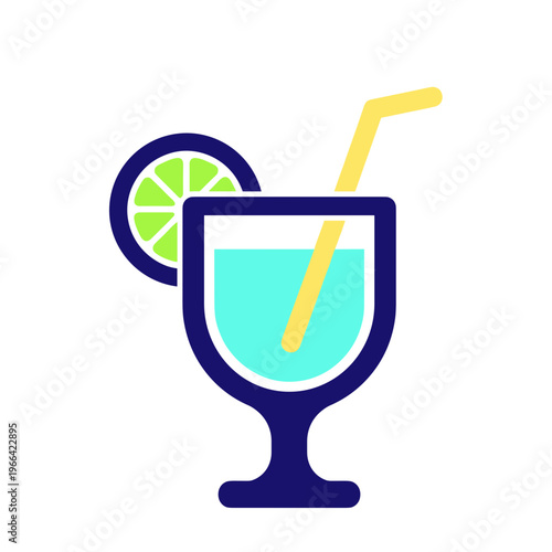 Tropical cocktail with lime slice and straw in modern line art illustration