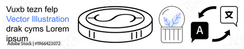 Fintech, translation services, economic growth, linguistic communication, cultural exchange, global access. Black and white icons of currency, language symbols and innovation. Fintech