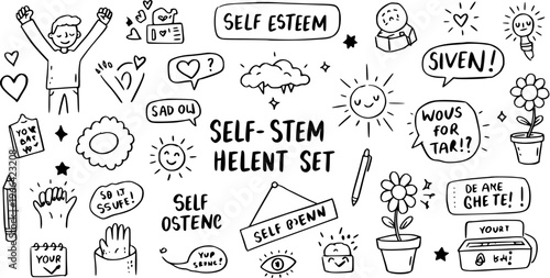 Black and White Hand-drawn Doodle Elements Set for Self-Esteem, Mental Health  Well-being. Line Art Sketch Icons for Personal Growth  Psychology.