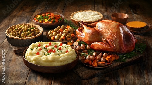 Bountiful Thanksgiving Feast on a Rustic Wooden Table