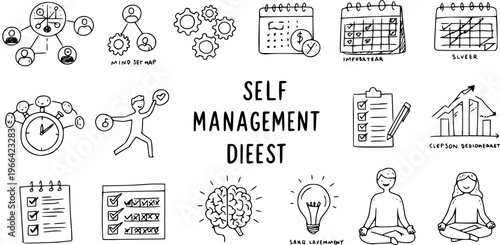Black and White Hand-drawn Self Management Icons Collection: Doodle illustrations for Productivity, Time Management, Goal Setting, and Personal Development Concepts.