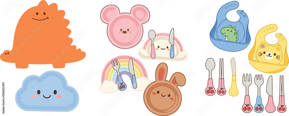 Fototapeta premium Cute Kids Tableware Cartoon Collection with Animal Plates, Spoons and Bibs, Kawaii Baby Feeding Set for Nursery Vector Illustration