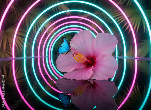 Tropical Serenity & Wellness Art, vibrant pink hibiscus, blue butterfly, neon arches, and a reflective surface, representing beauty, technology, nature, and immersive experience