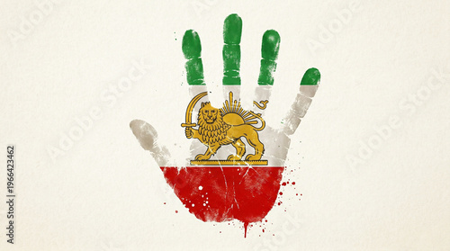 Lion and Sun flag of Iran Hand Print Flag , endered image of a hand print with the Iran flag design.