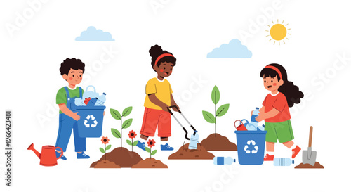 Three kids are happily picking up plastic bottles and placing them into recycling bins to keep the environment clean and healthy for all.