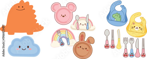 Cute Kids Tableware Cartoon Collection with Animal Plates, Spoons and Bibs, Kawaii Baby Feeding Set for Nursery Vector Illustration