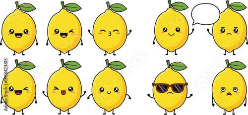 Cute Lemon Cartoon Characters Collection with Funny Emotions and Expressions, Kawaii Citrus Fruit Mascots Set for Food Design Vector Illustration