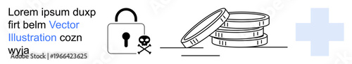 Financial security, online healthcare, risk management, wealth protection, digital privacy, data safety. A padlock with a skull icon, stacked coins and a medical cross. Financial security and online