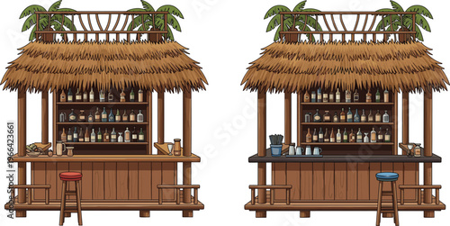 Set of Tropical Tiki Bar Illustrations with Thatch Roof Palm Trees and Liquor Bottles on Shelves Isolated on White Background for Beach Design