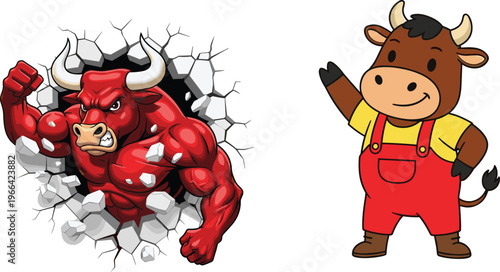 Bull Character Illustration Set with Angry Strong Mascot Breaking Wall and Cute Farm Cow Cartoon Design for Logo Branding Vector Collection