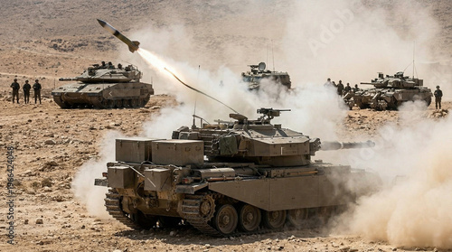 An Israel Defense Force Combat Engineers Puma armored personnel carrier launches a mine clearing line charge