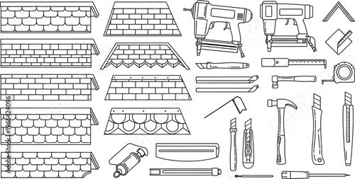 Roofing Materials and Construction Tools Set Vector, Roof Shingles Nail Gun Hammer Cutter Icons Collection Isolated on White Background
