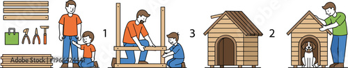 DIY Dog House Building Process Illustration Set with Father and Child Assembling Wooden Kennel Step by Step Construction Vector Guide
