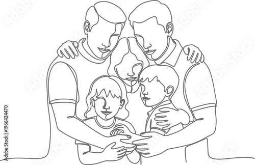 Continuous line art drawing depicts a loving family of four, parents embracing their two young children with warmth and unity.