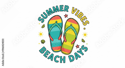 Summer beach flip flops, colorful sandals, summer vibes icon, beach days logo