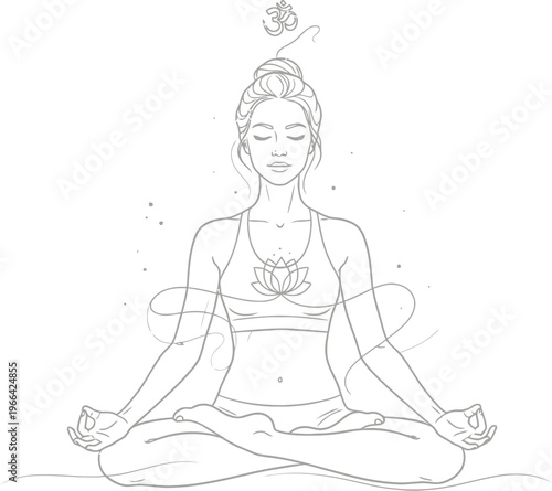 Serene woman practicing lotus yoga meditation pose achieving deep inner peace and spiritual enlightenment connection