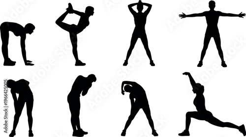 Full body stretching routine silhouette set showing fitness warmup exercises, flexibility training poses, athletic mobility workout for healthy active lifestyle concept