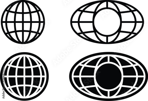 globe icon set world map grid sphere line earth vector outline design