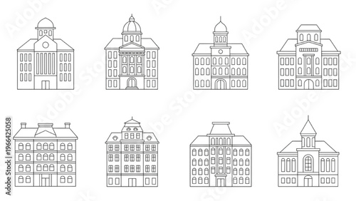 Collection of classic architectural building outlines for university designs