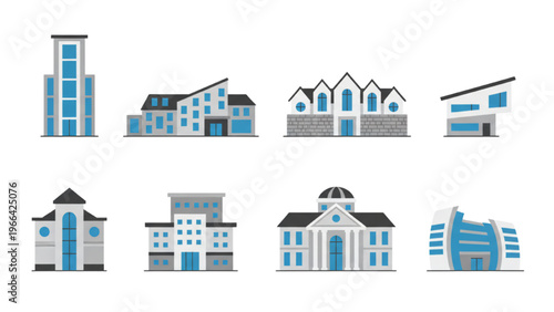 Set of colorful modern residential and commercial building illustrations