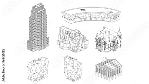 Varied Building Designs in Isometric Line Art for Architectural Concepts