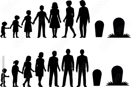Human life cycle silhouettes of male and female from childhood to old age with grave symbols, aging process and mortality concept