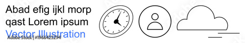 Time management, user interface, cloud computing, scheduling apps, digital storage, communication tools. Minimalist icons include a clock, user profile and cloud ion. Time management and user