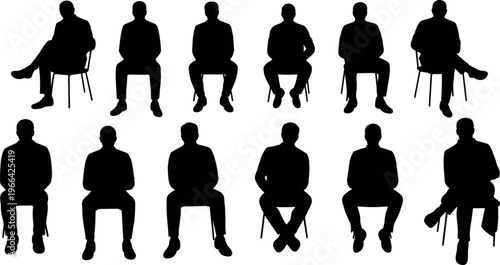 Man sitting on chair silhouette set showing different seated poses, waiting, interview and resting positions, human body posture collection isolated