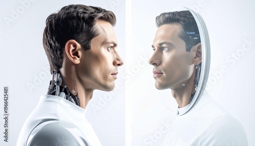 Man Looking at Reflection in Mirror.