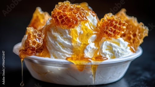 Indulgent Dessert with Creamy Ice Cream and Golden Honey Drizzle