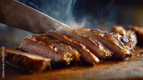 Juicy Grilled Steak with Smoke and Slicing Action on Wooden Board