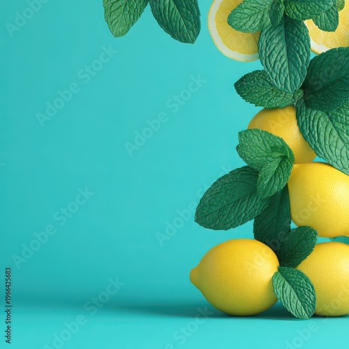Fresh Lemons and Mint Leaves on Vibrant Turquoise Background
