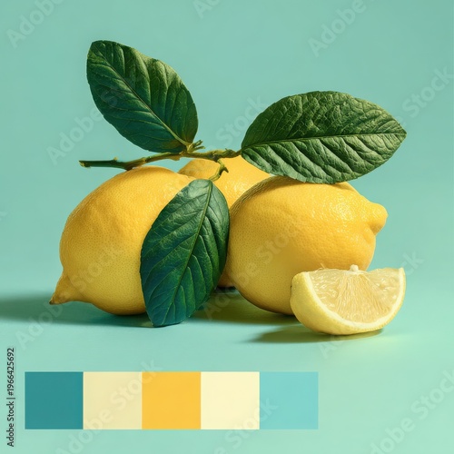 Fresh Lemons with Green Leaves on Soft Aqua Background
