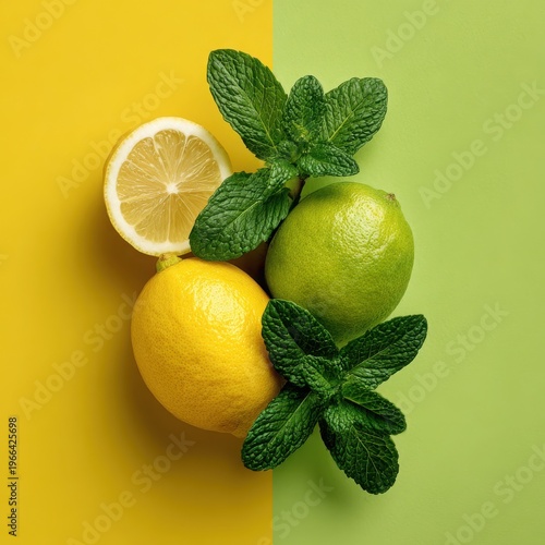 Fresh Citrus Fruits with Mint on Colorful Backgrounds