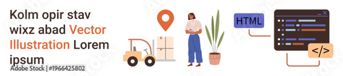 Logistics, technology, coding education, warehouse operations, e-commerce, and delivery services. Woman near a cart, map marker and coding screen. Logistics and technology illustrated