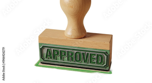 Hand holding a wooden stamp with approved text wood grain