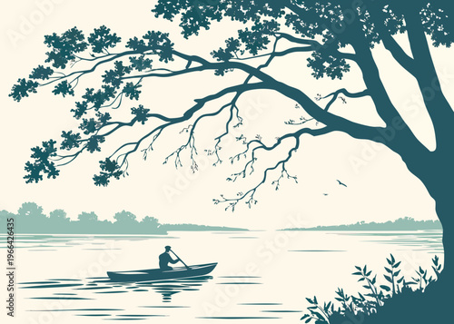 Silhouette of a lone rower on a calm lake under a tree