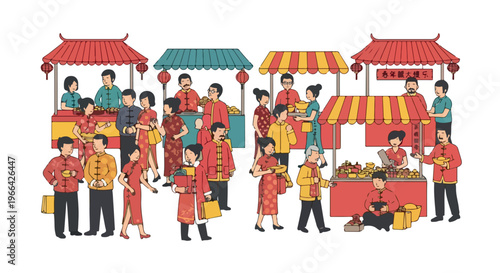 Illustration of diverse people shopping and selling at colorful market stalls with red and yellow canopies on a white background.