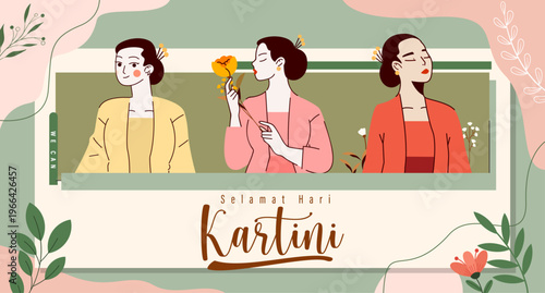 Kartini Day Banner Template with Three Javanese Women with Kebaya  (Indonesian Traditional Dress) Illustration with Floral Background Design