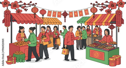 Illustration of people shopping and selling goods at a vibrant street market with colorful stalls and traditional decorations.