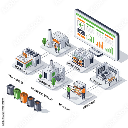 Visual representation of a food supply chain, from farm harvest to distribution, processing, and consumption, with a focus on waste management and data monitoring.
