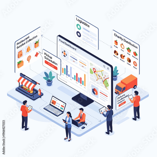 Isometric illustration of a food delivery and logistics dashboard system, showcasing restaurant pickup, charity distribution, and delivery operations.
