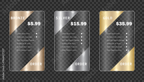Premium glassmorphism pricing table Elements. Bronze, silver, gold Subscription plan cards with metallic accents. Modern glass banner vector template for SaaS, mobile apps, membership plans.